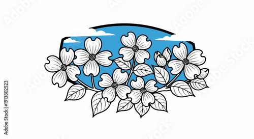 Stylized dogwood blossoms against a bright blue sky with clouds