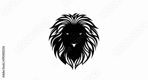 Stylized black lion head with flowing mane on white background