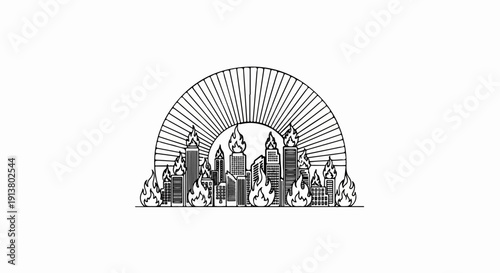 Stylized city skyline ablaze under a sunburst