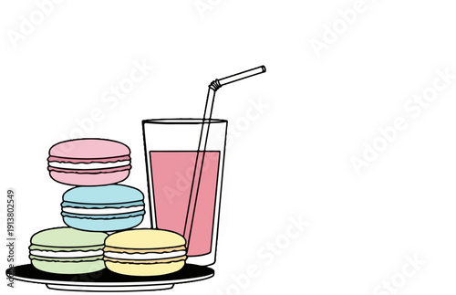 Stack of colorful macarons with a pink drink and straw on a plate