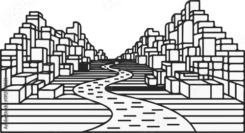 Stylized city buildings flank a winding river with a textured surface