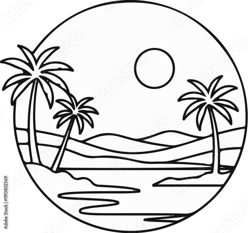 Stylized black and white circular tropical scene with palm trees and sun