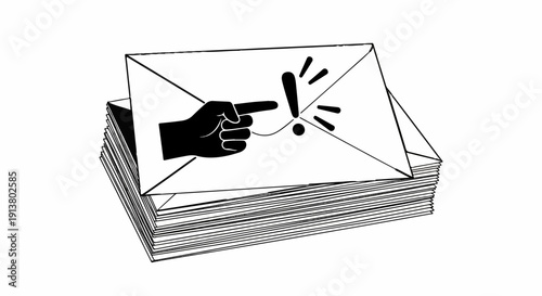Stack of envelopes with a pointing finger and exclamation mark