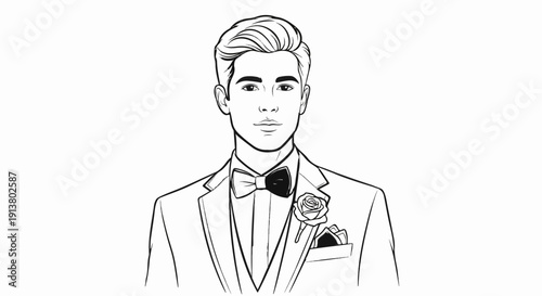 Stylized drawing of a man in formal wear with a bowtie and rose