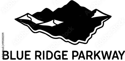 Stylized black mountain range graphic with text below
