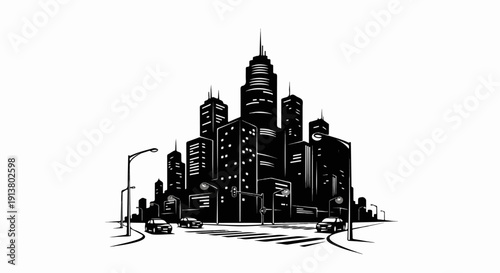 Stylized black and white cityscape with traffic lights and cars on road