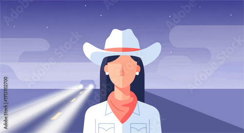 Stylized cowgirl on road at night with headlights approaching