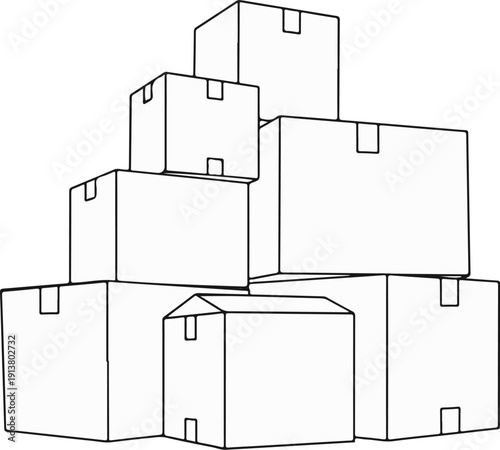 Stack of various sized cardboard boxes, outlined for shipping or storage