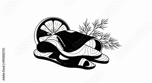 Stylized black and white depiction of raw salmon slices with dill and lemon