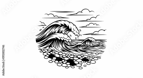 Stylized crashing ocean waves on a pebble beach under a cloudy sky