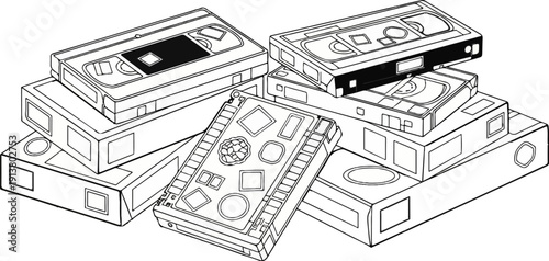 Stack of vintage video cartridges and their cases, in monochrome illustration