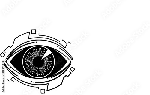 Stylized eye with circuit board pupil and surrounding tech elements