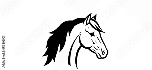 Stylized black and white drawing of a horse's head with flowing mane