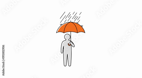 Stylized figure holds orange umbrella shielding from rain