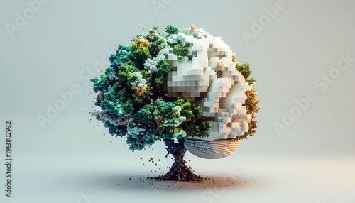 A large brain-shaped tree with green leaves and white clouds, symbolizing nature and intelligence, viewed from the side.