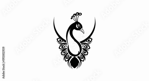 Stylized black peacock with elegant S-curve body and fanned tail