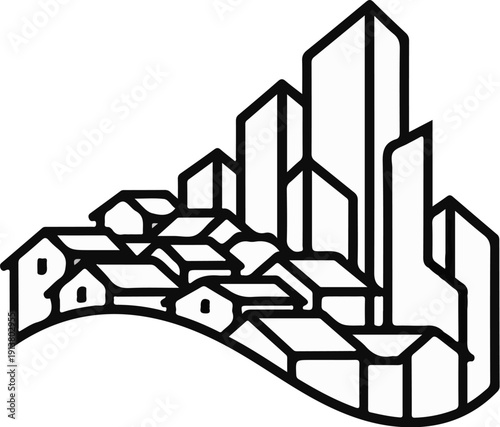 Stylized depiction of a community with clustered houses and modern skyscrapers