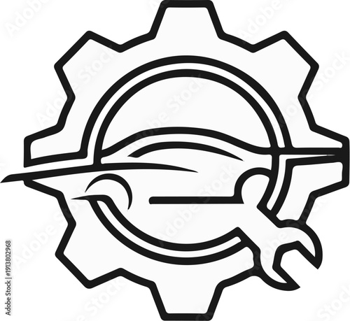 Stylized gear with car silhouette and wrench, representing auto repair services
