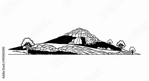 Stylized black and white drawing of a rocky mountain with trees and grass