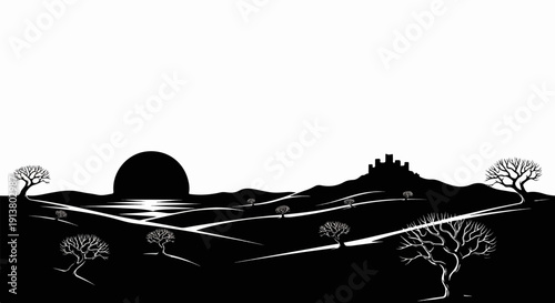 Stylized black and white landscape featuring a setting sun, rolling hills, a distant castle, and bare trees