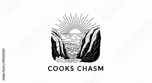Stylized graphic of a chasm with a waterfall, ocean, and sunburst