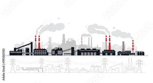 Industrial factory skyline with smoking chimneys and complex structures.