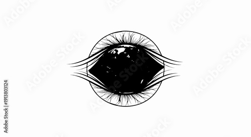 Stylized depiction of an eye with a dark, textured globe at its center