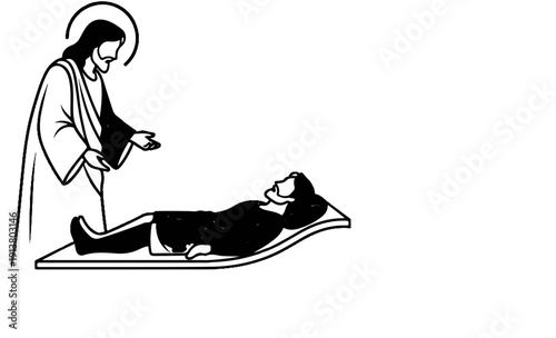 Stylized depiction of Jesus with halo offering comfort to a person lying down