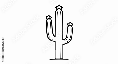 Stylized, black and white line art of a desert cactus with three arms