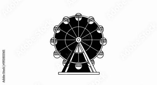 Stylized black and white line art of a Ferris wheel with gondolas