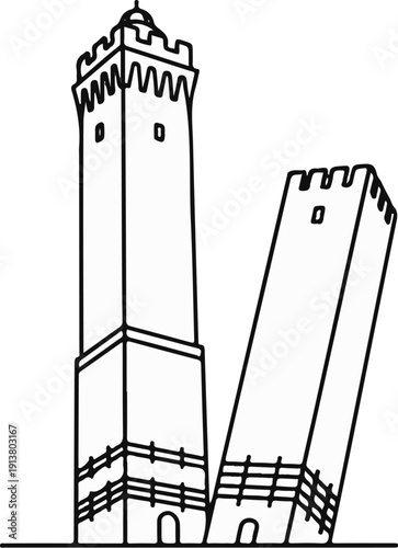 Stylized depiction of two tall, crenellated towers, one upright and one leaning
