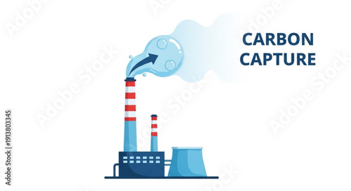 Industrial factory with smoke and carbon capture technology illustration.