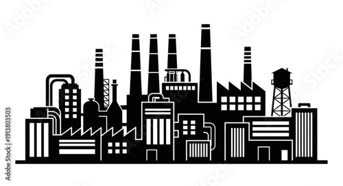 Industrial Factory Silhouette with Smokestacks and Buildings.