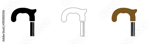 Cane Icon Vector Set Transparent Background, Black White Brown Walking Cane Outline Filled Design Isolated