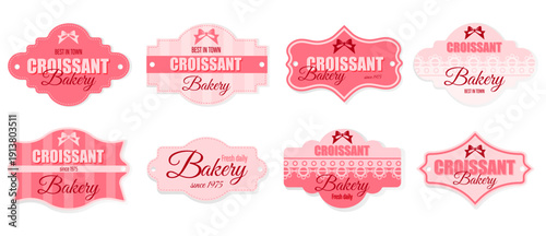 Advertising tags for bakery with croissant on pink background. Retro design. Bakery labels with text.Laces and striped wallpaper.Vintage labels.Decorative elements.Sweet dessert. Vector illustration. 