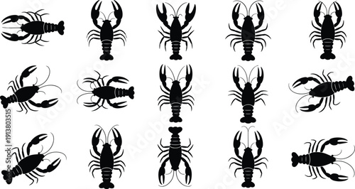 Lobster silhouettes vector collection seafood crustacean black icons set isolated white background illustration marine animal design bundle