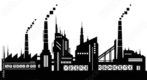 Industrial factory silhouette with smoking chimneys against a white background.