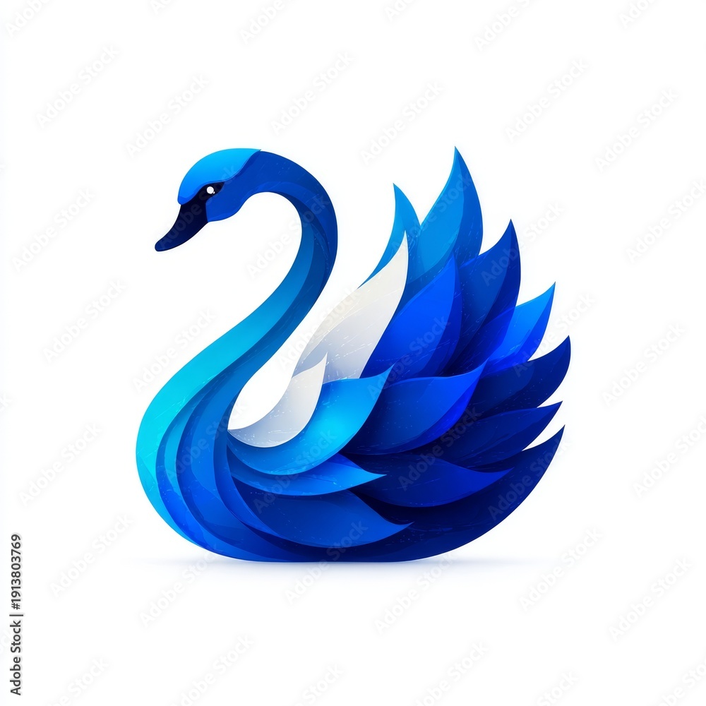 Naklejka premium A graceful swan outline curves elegantly into a stylized typographic composition set on a serene blue and white minimalist background