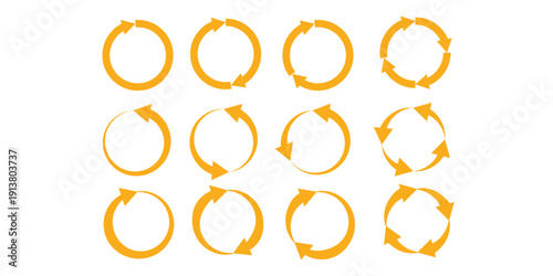 Flat vector illustration of circular arrow icons showing rotation, cycle process, refresh loop, continuous flow and recycling direction symbols for design
