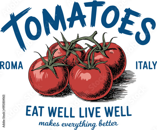 Of three red tomatoes with blue text and Italian references Roma
