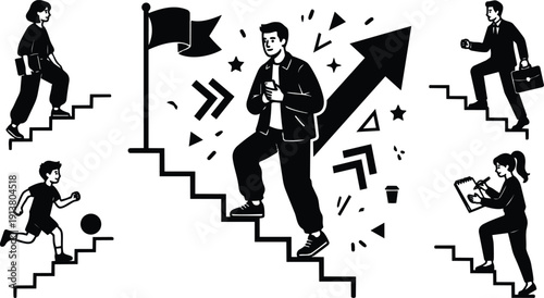 Flat design vector composition of diverse people climbing stairs toward goal flag upward arrow central confident man looking at phone