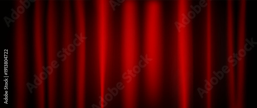 Red velvet curtain background. Closed curtains wallpaper for theater stage or cinema, circus. Red fabric drapery backdrop for award, show, performance. Velvet textile room scene banner concept. Vector