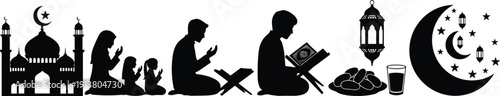 Ramadan Kareem silhouette illustration set with mosque, family prayer, Quran reading, lantern, crescent moon, dates, fasting, Islamic culture, spirituality
