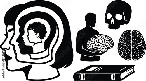 Flat design layered profile silhouettes showing generational head brain skull book and person holding brain in educational psychology concept study
