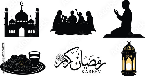 Ramadan Kareem silhouette illustration set with mosque, family iftar, prayer, lantern, crescent moon, Arabic calligraphy, dates, fasting, Islamic culture