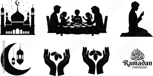 Ramadan Kareem silhouette illustration set with mosque, family iftar, prayer, lantern, crescent moon, Arabic calligraphy, dates, fasting, spirituality