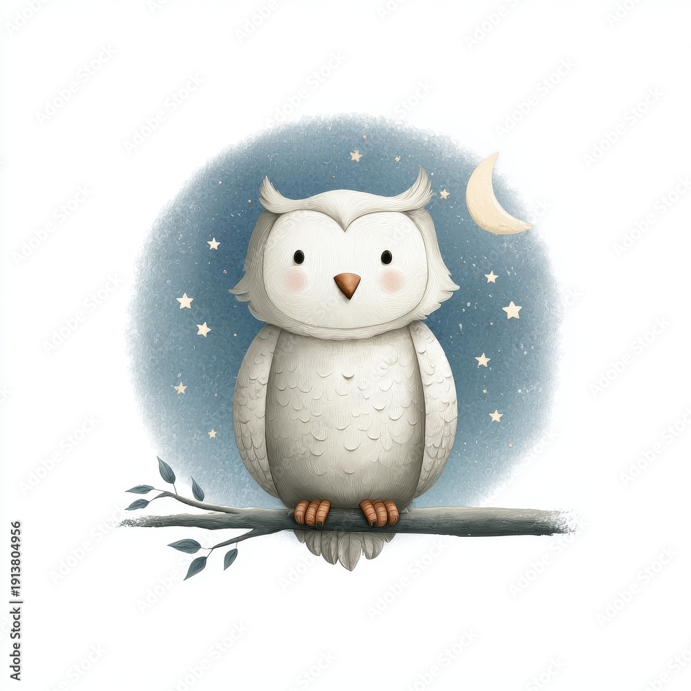 Obraz premium In a whimsical watercolor illustration, a chibi cartoon owl sits on a branch against a starry night sky and a crescent moon, its delicate, soft appearance merging with the atmosphere