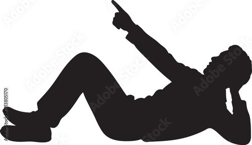 Black silhouette of man pointing up while relaxing on ground on transparent background