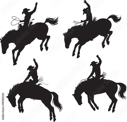 Set of four black silhouettes of cowboys riding wild horses on transparent background