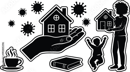 Flat design silhouette home in hand with woman holding house and child jumping amid virus icons coffee cup and book